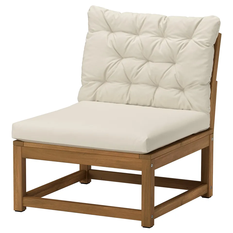 NÄMMARÖ outdoor chair, light beige cushions. Acacia wood frame, square shape, modern design.