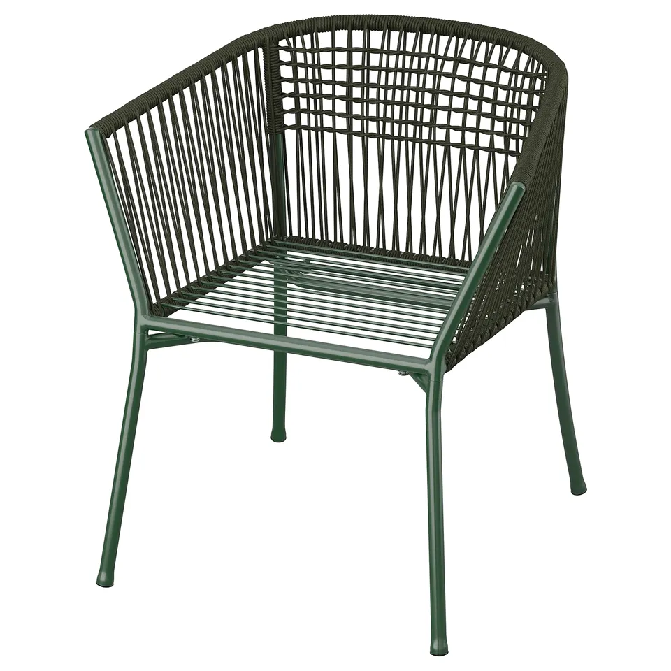 Green powder-coated metal and rope chair, outdoor design.