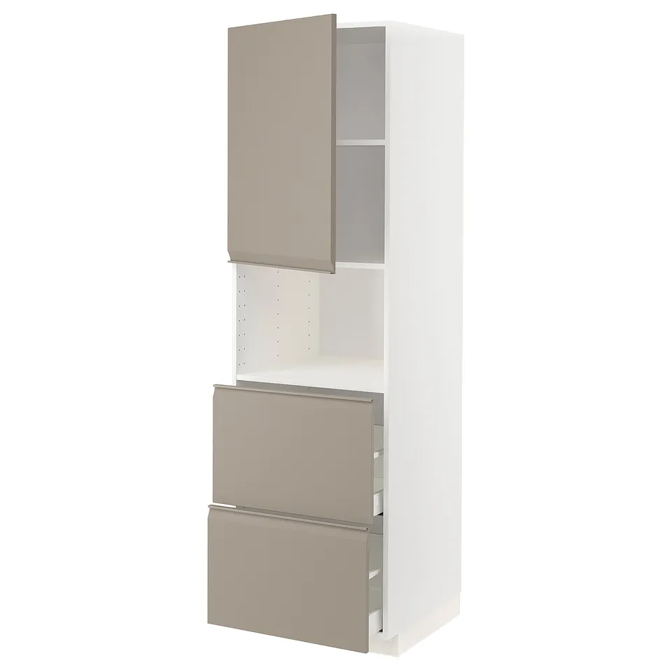 Modern kitchen cabinet in grey-beige with smooth fronts and integrated handles.