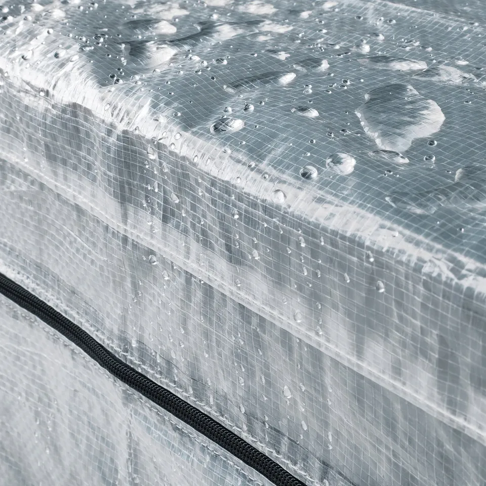 Clear plastic cover with grid pattern, featuring water droplets, demonstrating its water-resistant and dust-protective function.