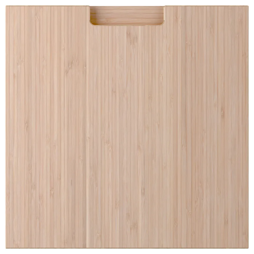 The FRÖJERED kitchen cabinet door is light brown, made of bamboo, rectangular with integrated handles and a smooth finish.