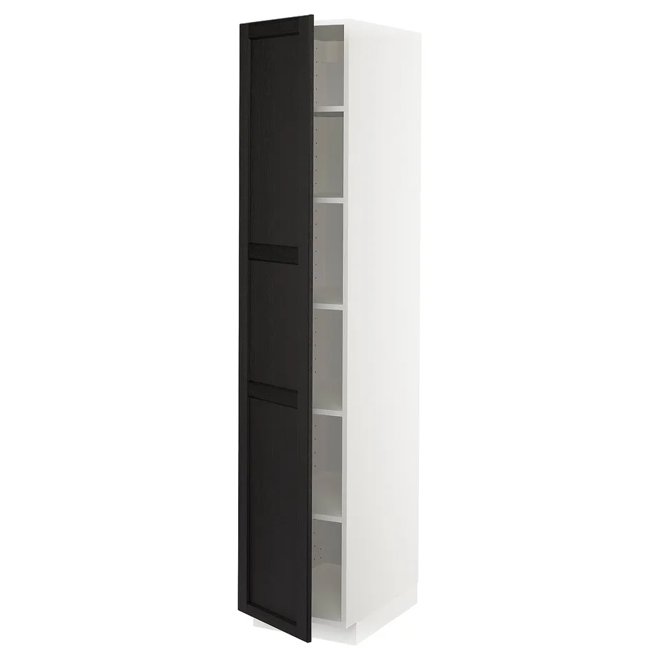 A white ikea METOD kitchen cabinet with black stained wooden doors, showcasing a traditional design. It has an adjustable shelf inside.