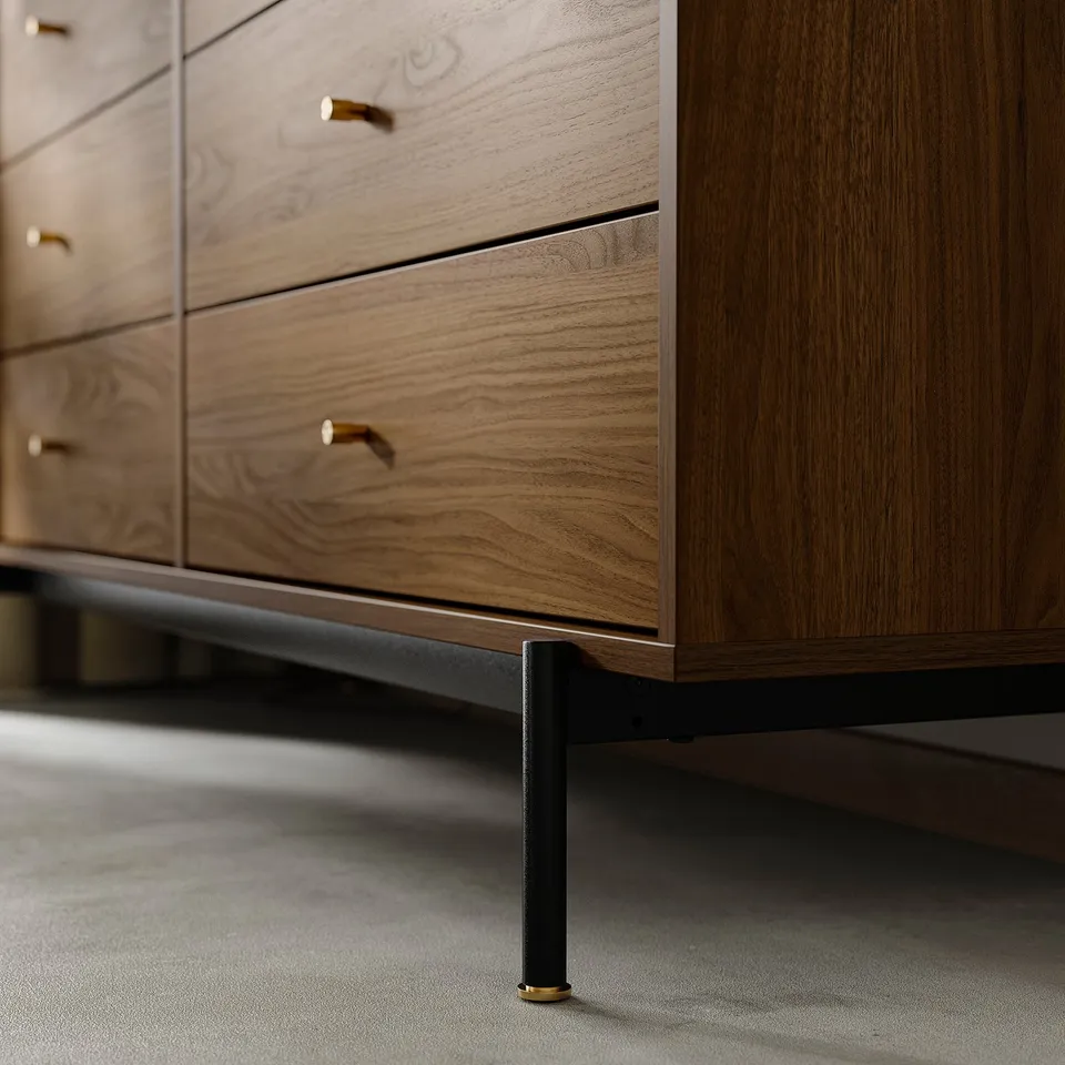 Mid-century walnut chest with six drawers and gold handles on black metal legs.