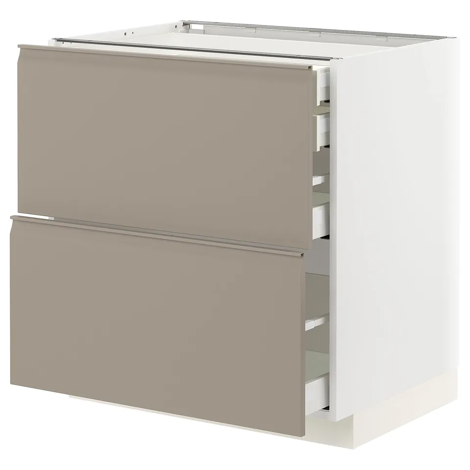 Modern kitchen unit, gray-beige, with two drawers, minimalist design.