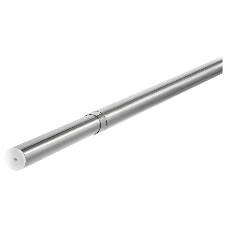 Silver flexible curtain rod, adjustable, metallic, cylindrical shape.