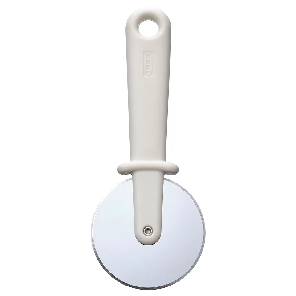 White pizza cutter with round blade and ergonomic handle for easy slicing.