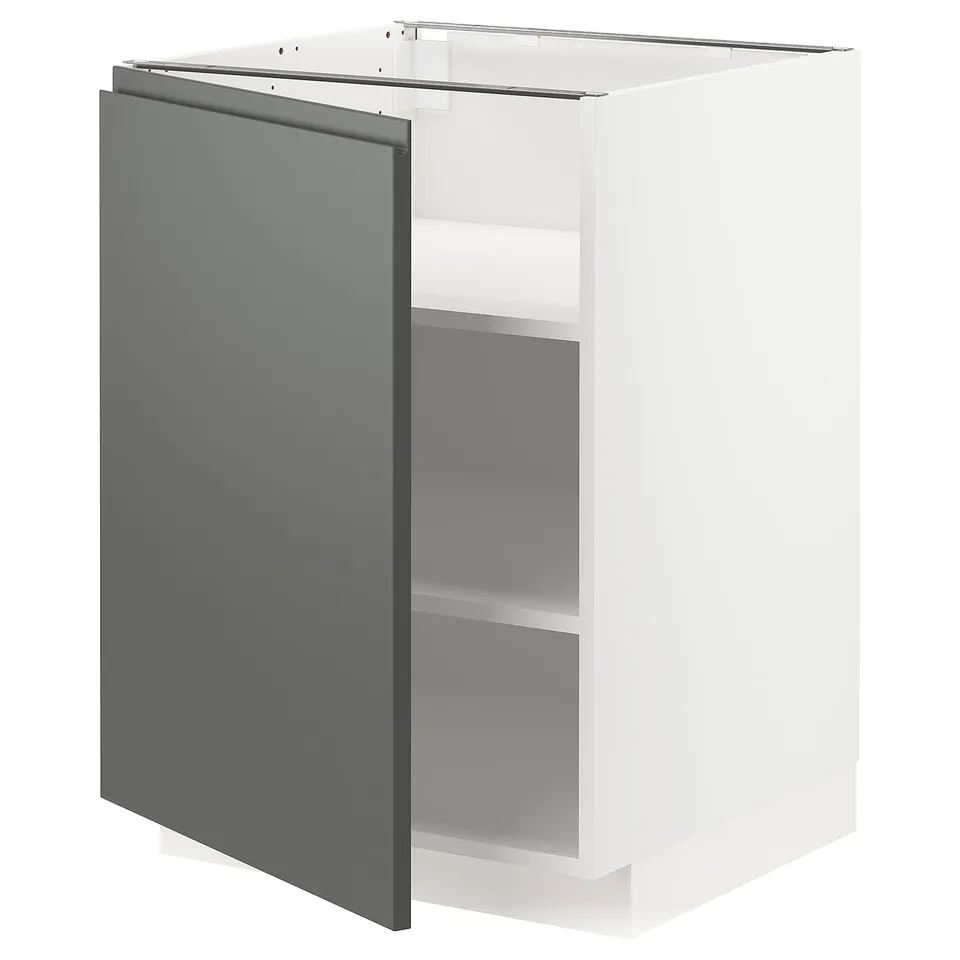 Modern grey-white kitchen cabinet with sleek handle-less design.