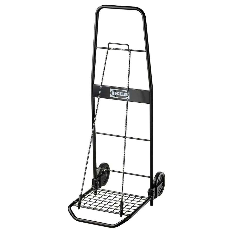 An ikea RULLEBÖR black trolley. It has a metal frame with wheels, designed for heavy lifting and moving.