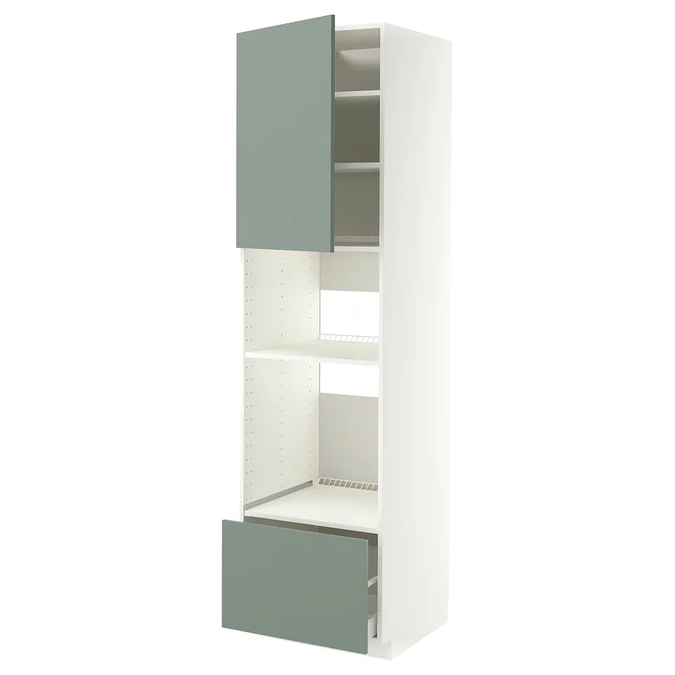 IKEA METOD kitchen unit in grey-green with shelves and drawers.