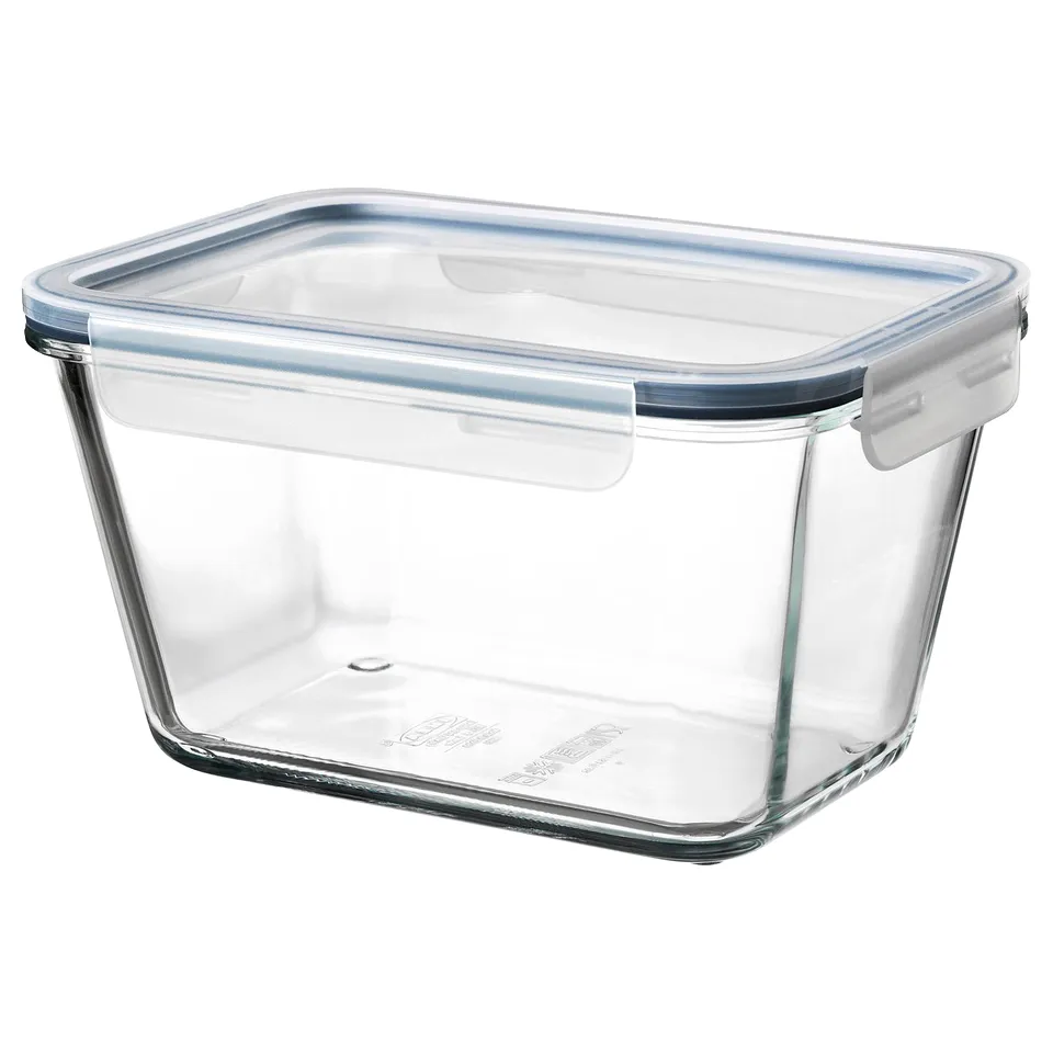 A clear IKEA 365+ glass food container with a snap-lock lid, suitable for storing and transporting food.