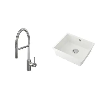 KILSVIKEN/SALLSJÖN set: kitchen mixer tap pull down w spray + inset sink, 1 bowl, stainless steel colour + white/quartz composite, Height 480 mm
