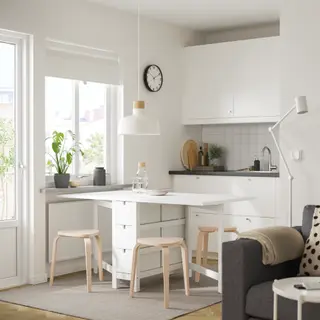 KYRRE/NORDEN set: gateleg table + stool x4, white + birch, 26/89/152x80 cm