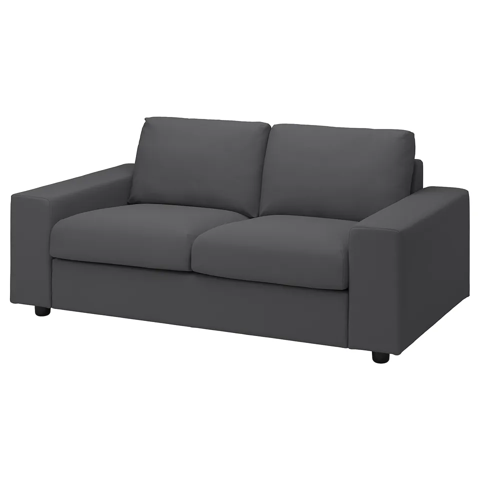 Dark grey VIMLE loveseat, sleek modern design, cushioned, comfy.