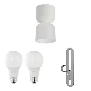 FÖRUT/HAMNFYR/SOLHETTA set: ceiling lamp + LED bulb E27 470 lumen + pendant/ceiling lamp hook, white + globe opal white, 14 cm