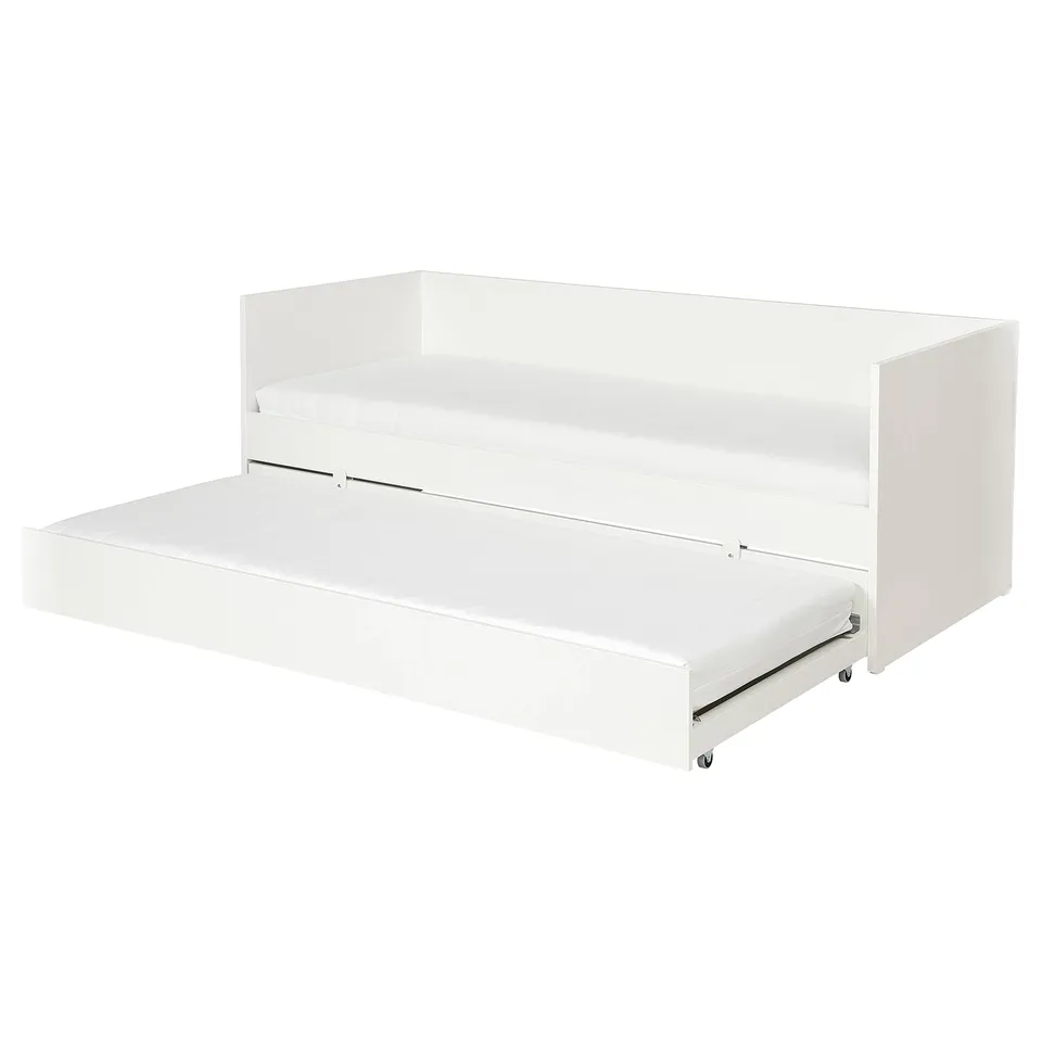 White VIHALS day-bed with trundle, minimalist design, clean lines, wooden & metal parts.