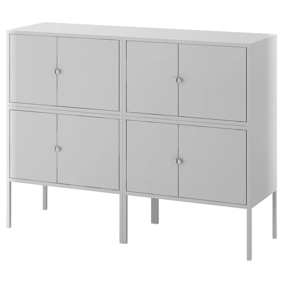 A LIXHULT storage unit in white with four doors, made of steel with an epoxy/polyester powder coating. It has a rectangular shape and clean design.