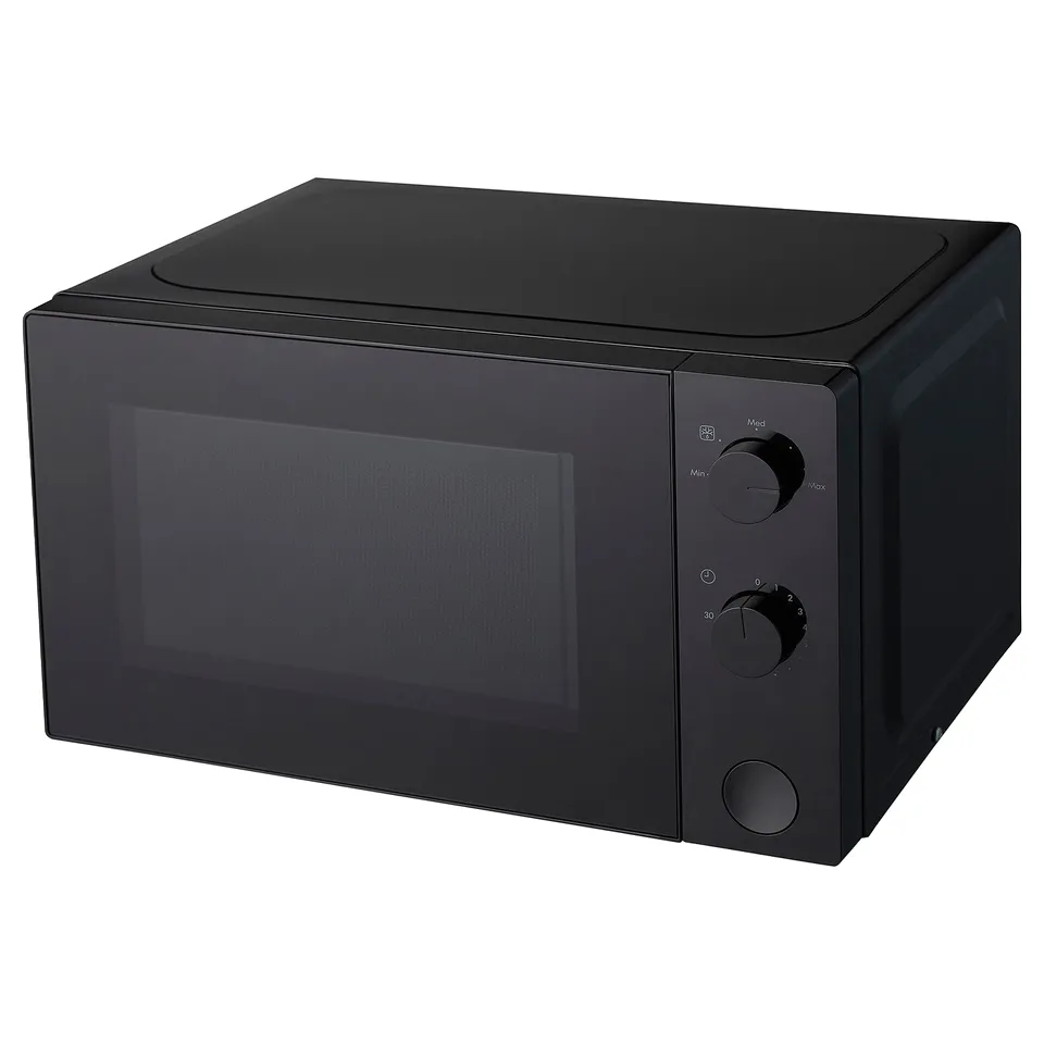 Black microwave oven with knobs, small size, handle-free door, standing on a flat surface.