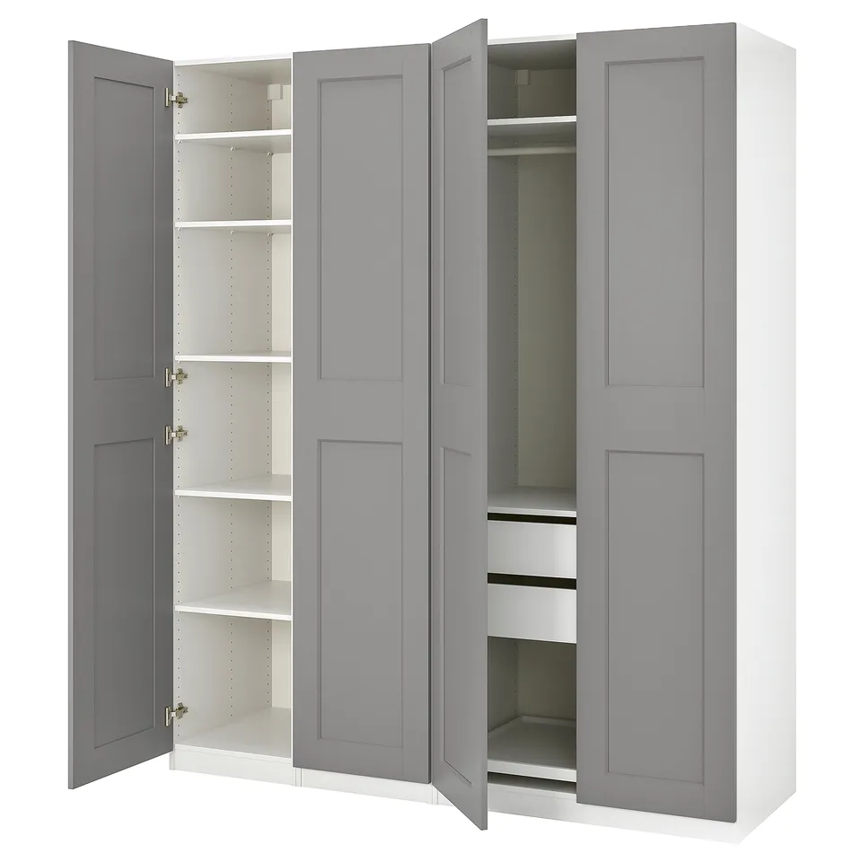 PAX wardrobe in grey and white, featuring three sections with shelves and drawers, open doors revealing interior organisation.