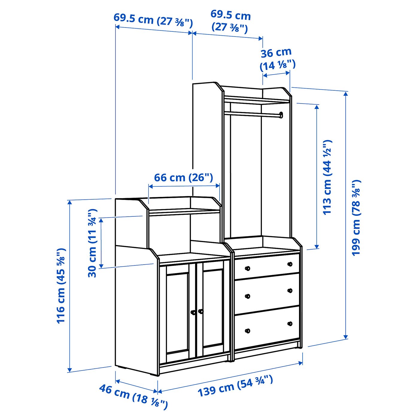 Illustration with measurements for the product: HAUGA.