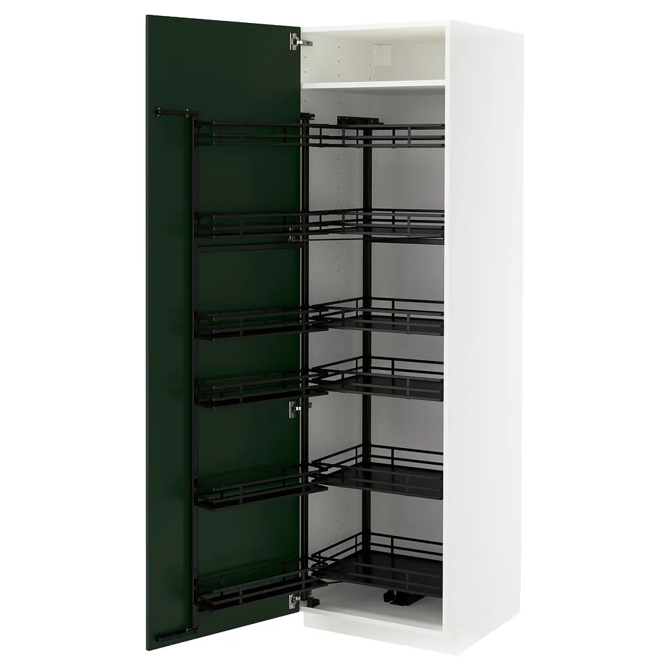 METOD kitchen cabinet in white with green door, pull-out shelves, modern design.