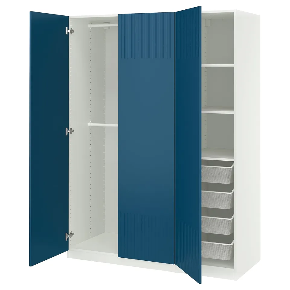 Ikea PAX wardrobe: white & blue, 3-section with shelves and mesh drawers.