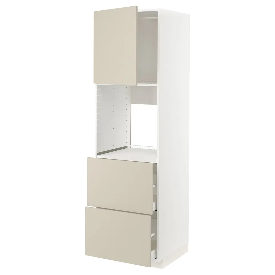 A white ikea METOD kitchen unit with beige drawers and doors in a modern, minimalist design. It two drawers and an open shelf section.