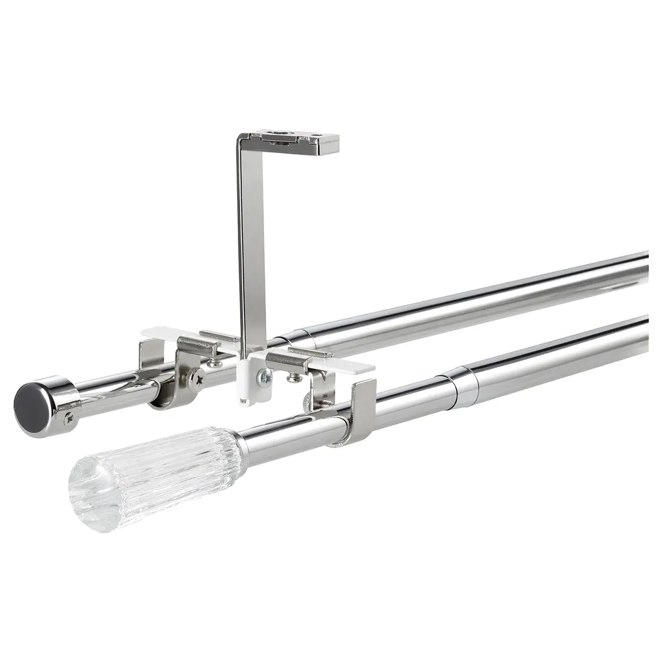 Soldvärggmal chrome double curtain rod set with glass finials and plastic connectors.