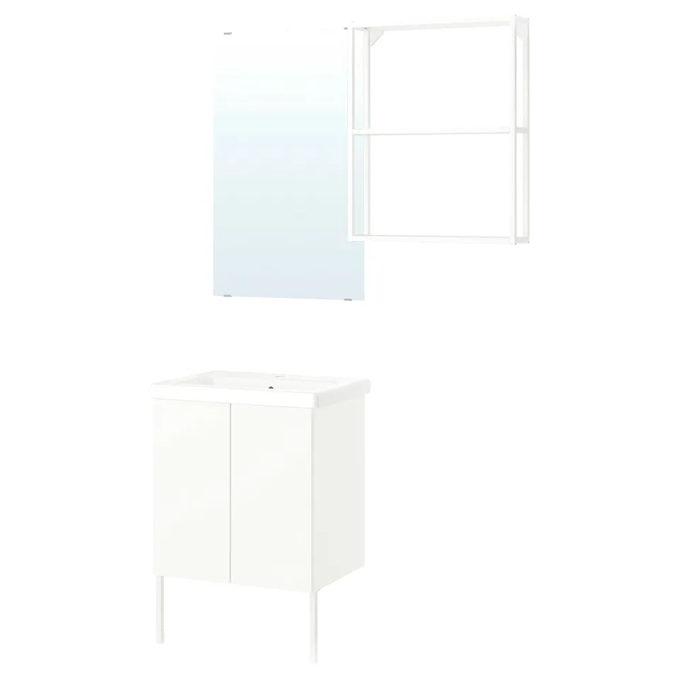 ENHET white bathroom set: cabinet, sink, mirror, frame. Modern design.