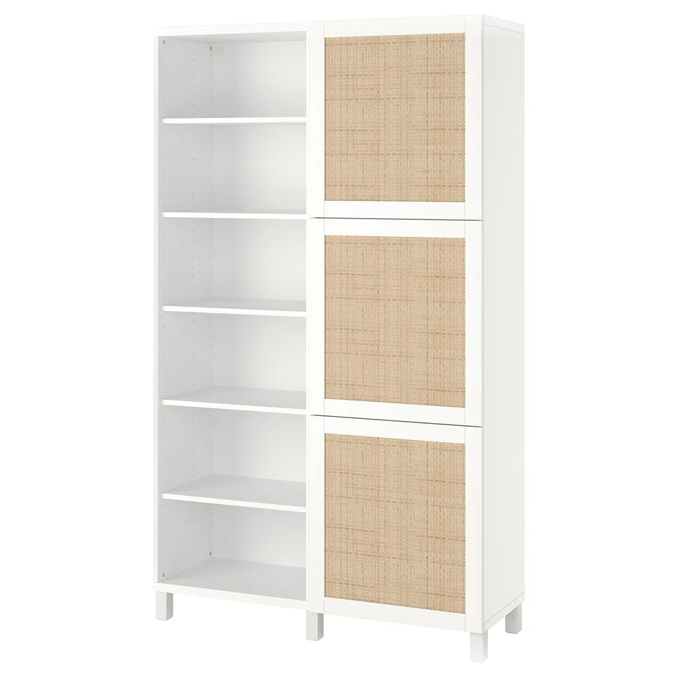 BESTÅ white cabinet: tall, white storage with adjustable shelves & woven doors for modern display and hidden storage.