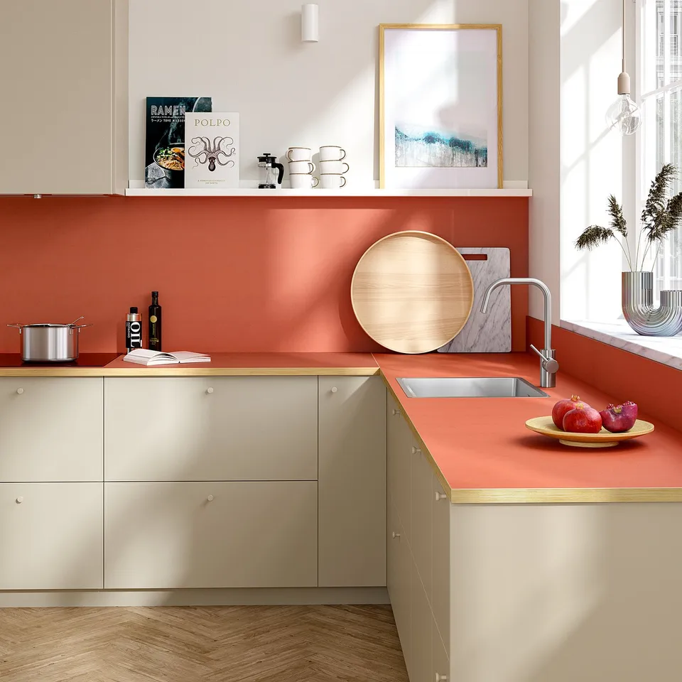 Modern kitchen with coral red counter, cutting board, bowls, pomegranates, stainless sink, and framed painting.