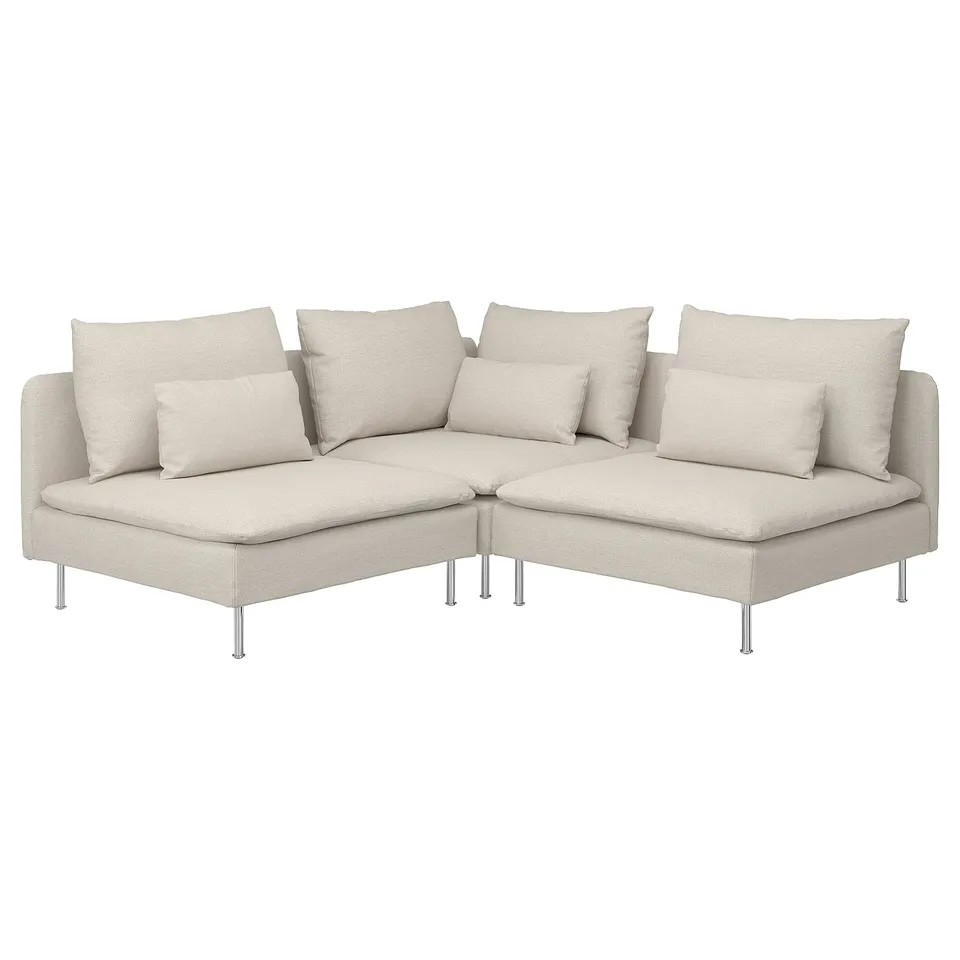 SÖDERHAMN sectional sofa, beige, modern l-shape, with light grey cushions.