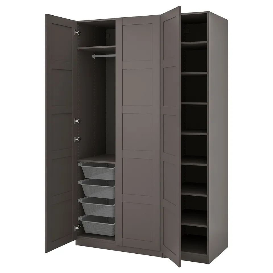 Grey PAX wardrobe with three doors open, showing shelves and mesh baskets, dark finish.