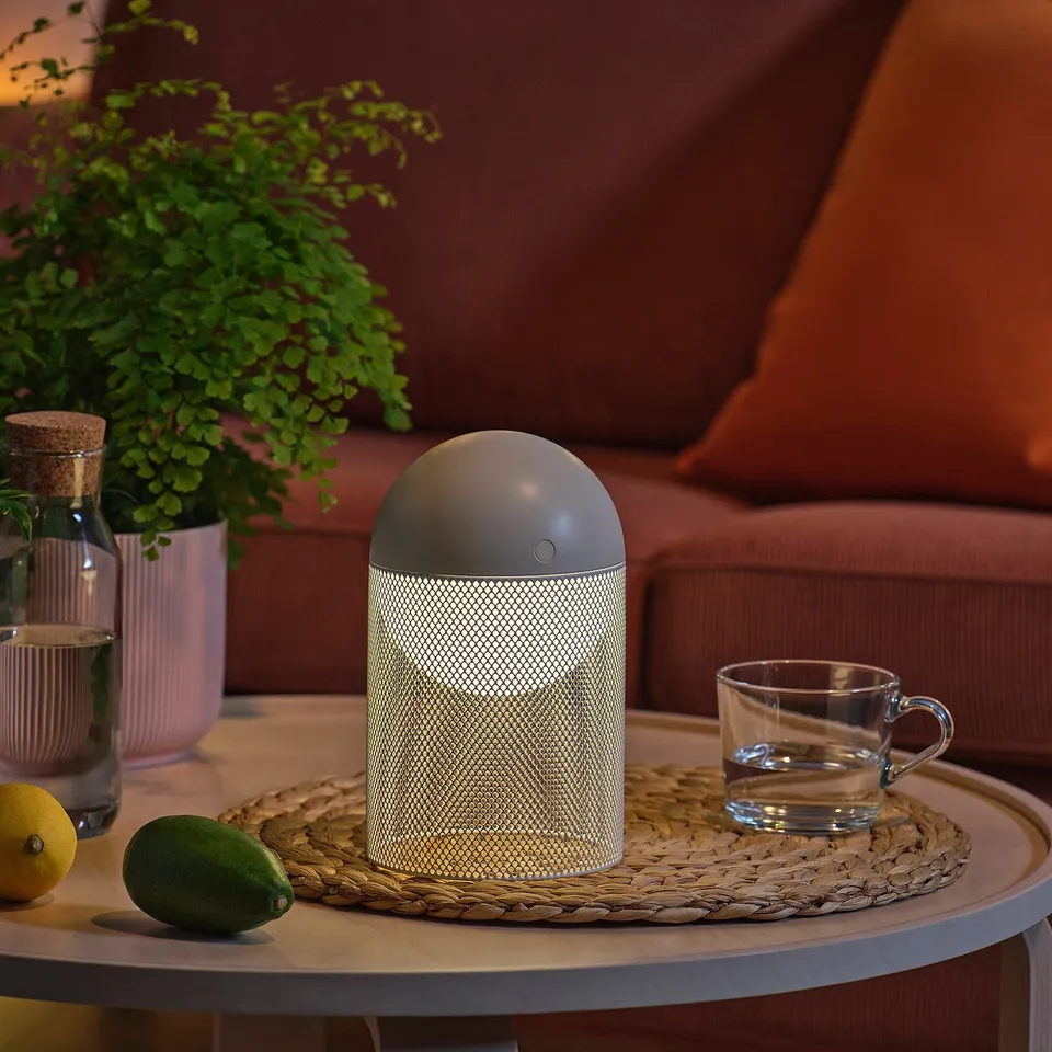 A modern lamp on a table, with a plant, cup, and fruit nearby.
