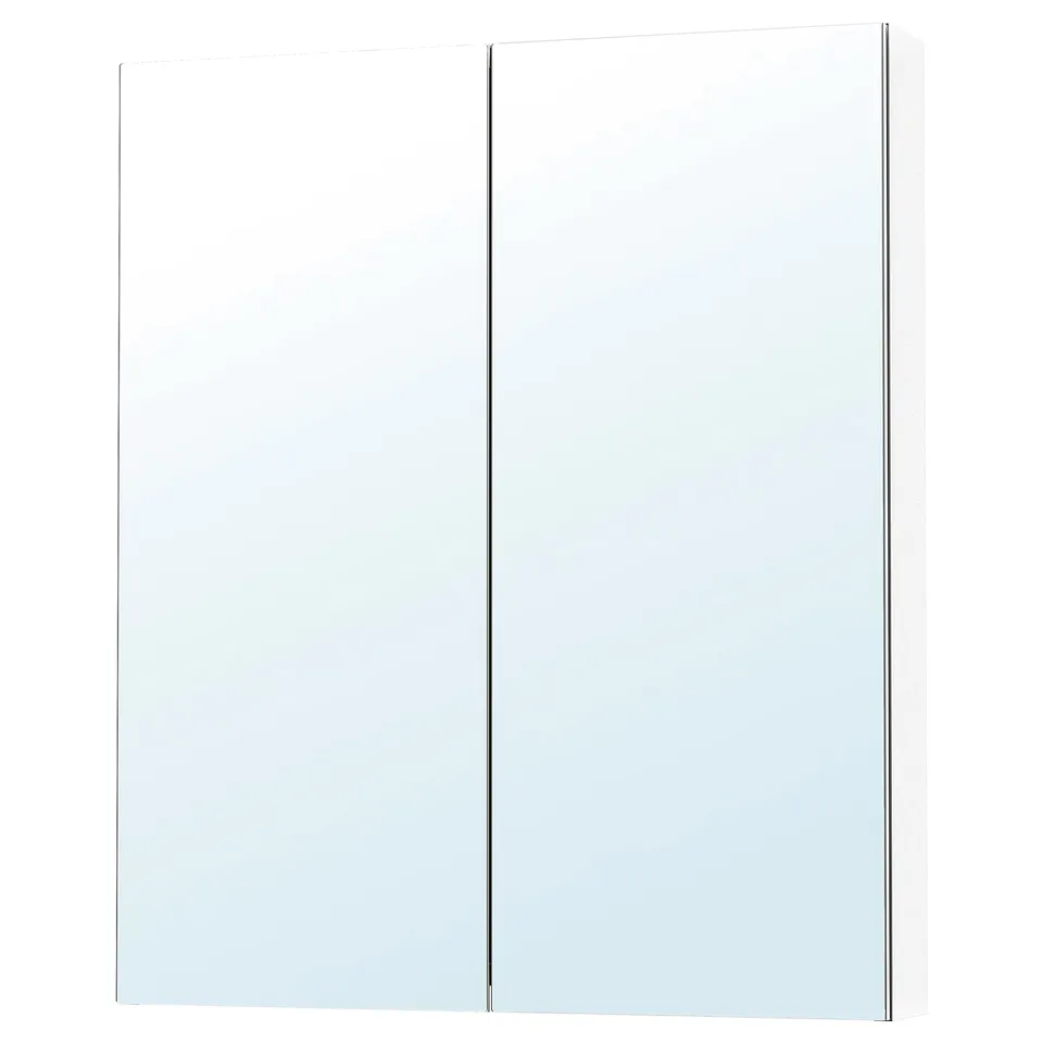 White mirrored bathroom cabinet with glass shelves.