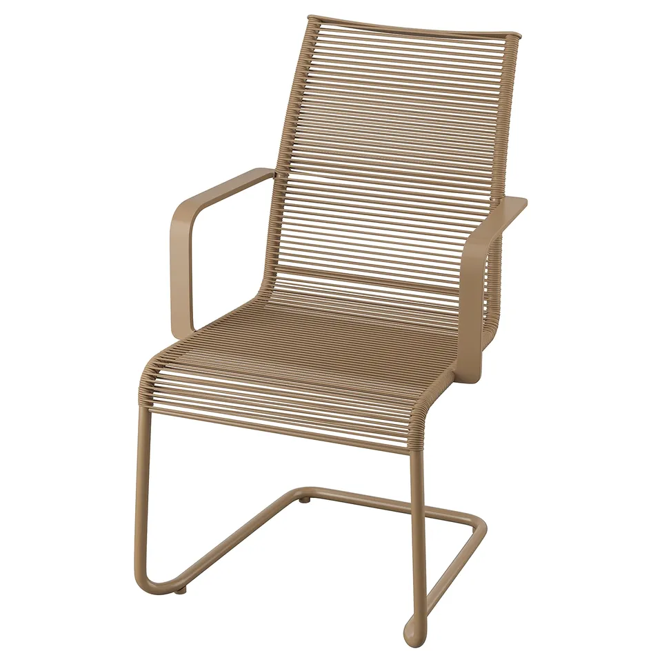 VÄSMAN tan outdoor chair, sleek design, armrests, high back, resilient seat.