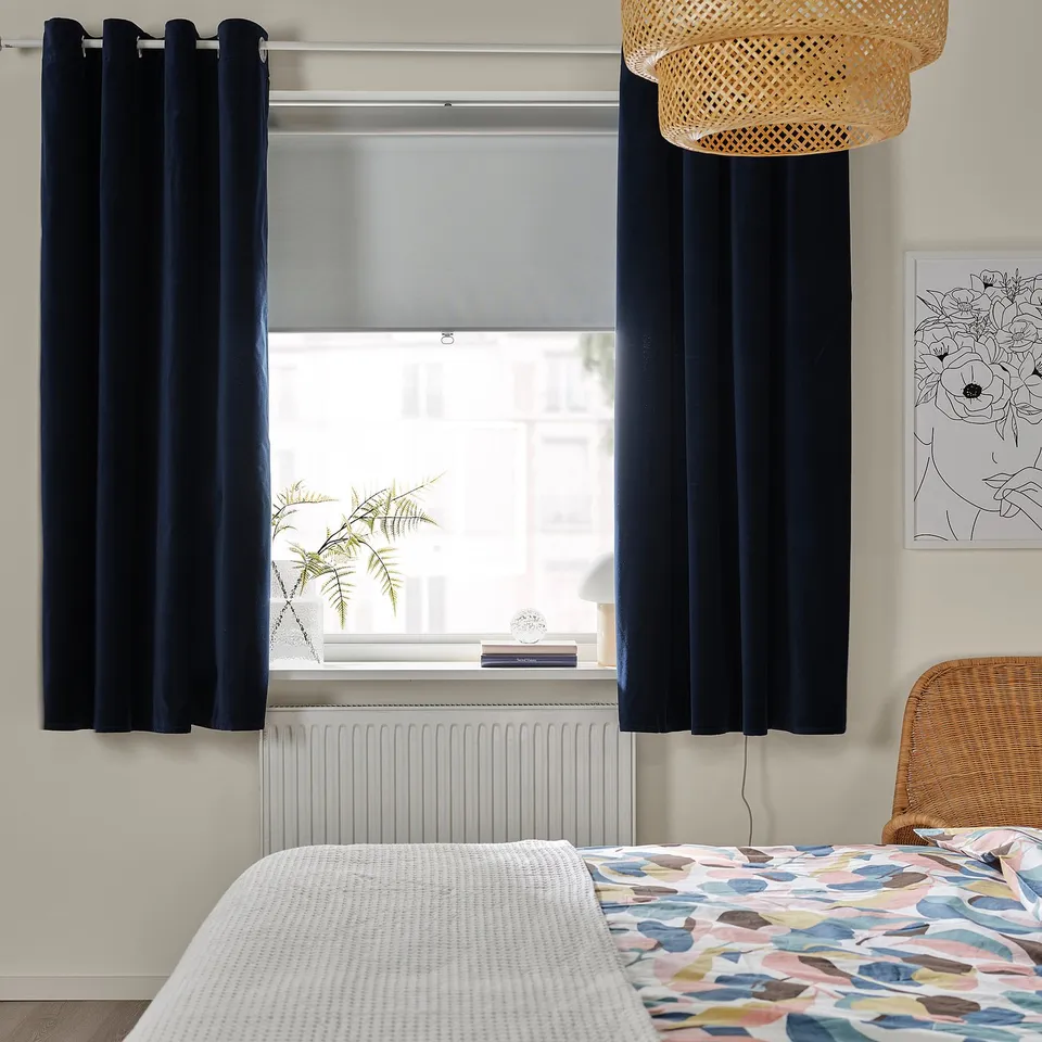 SANELA Curtains, 1 pair, dark blue/with eyelets, 140x160 cm