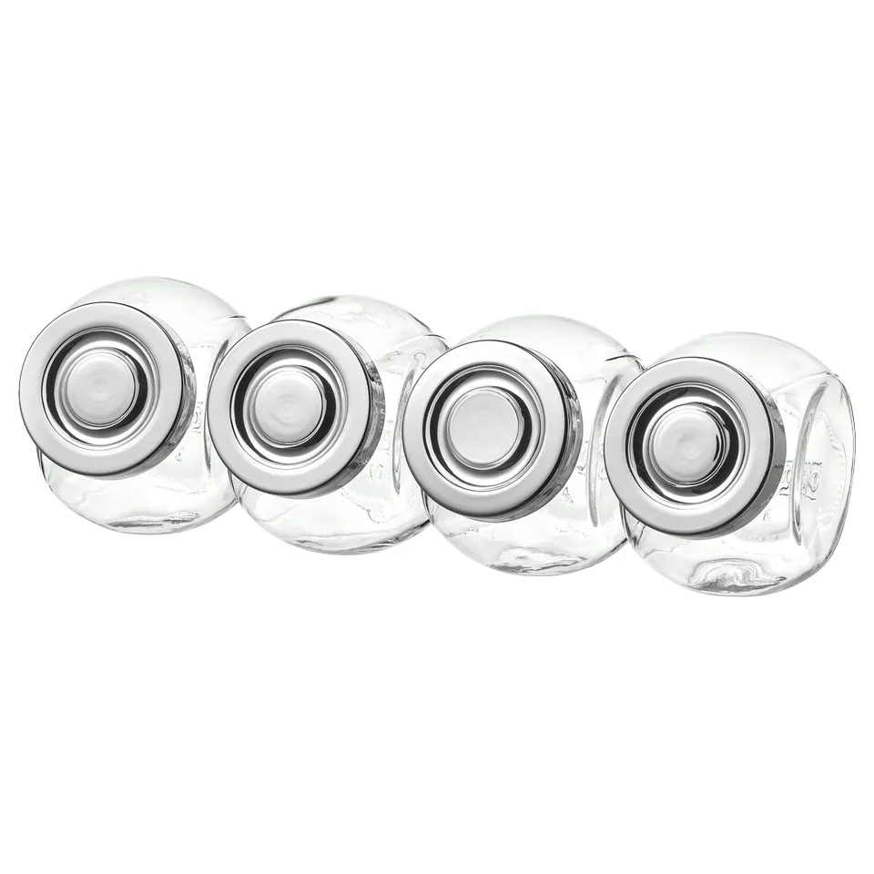RAJTAN: clear glass jars with silver lids, round, stackable design.