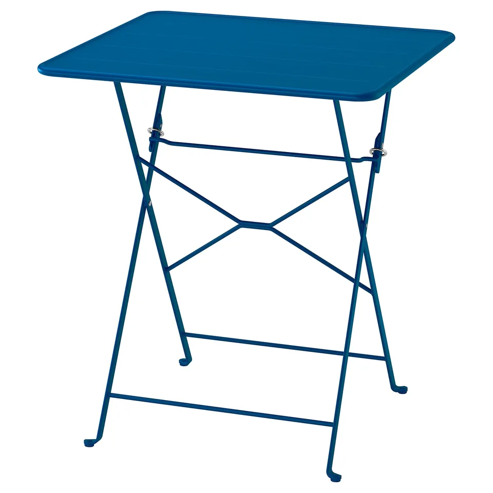 Small, blue foldable steel table with flat top & angled legs for stability in compact spaces.