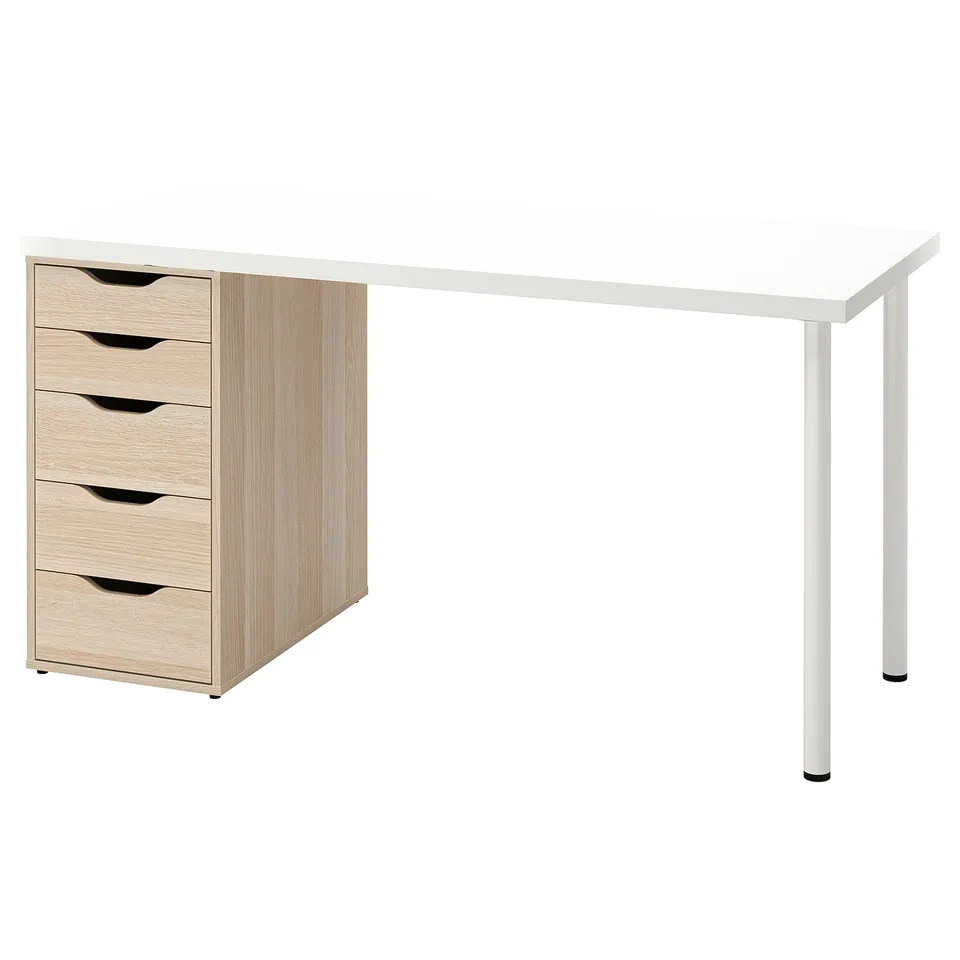 LAGKAPTEN white desk with light wood drawers; rectangular, minimalist design, four drawers.