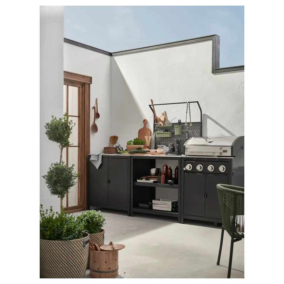 GRILLSKÄR Kitchen island w back panel, stainless steel/outdoor, 86x61x176 cm