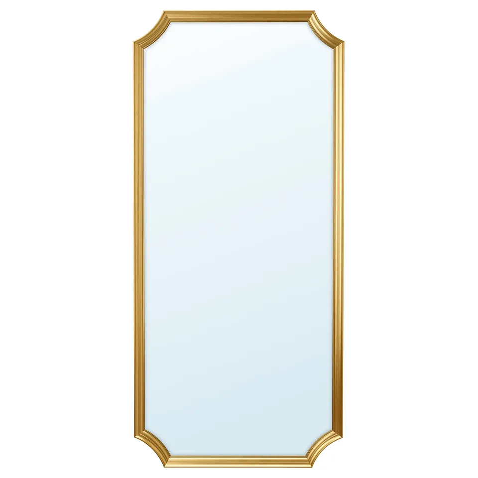 Elegant gold-framed mirror with a sleek design, ideal for various rooms.