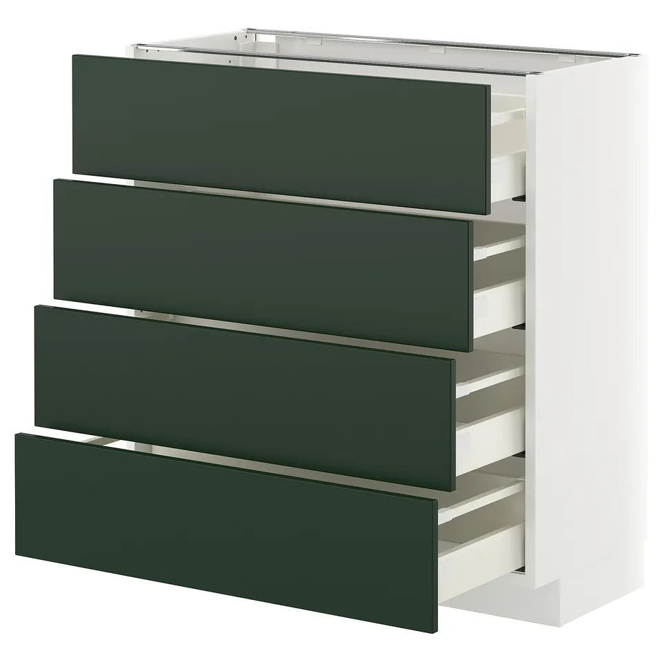 METOD kitchen unit with green drawers, white frame, modern style, four-level design.