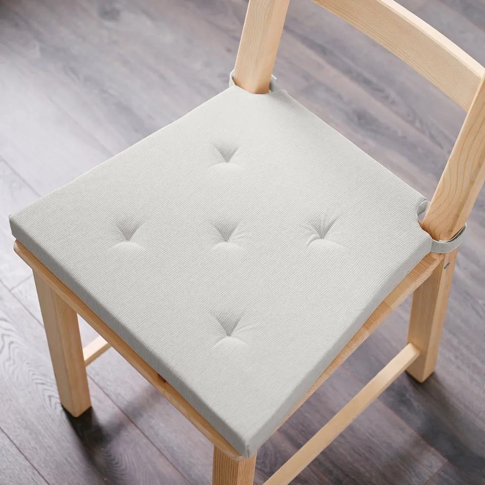 Wooden chair with grey JUSTINA cushion, thick foam, elastic straps.