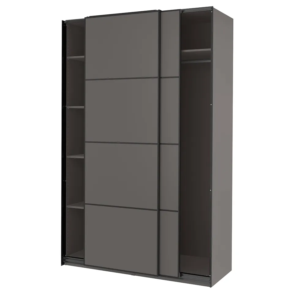 A grey PAX wardrobe with sliding doors and interior shelves.