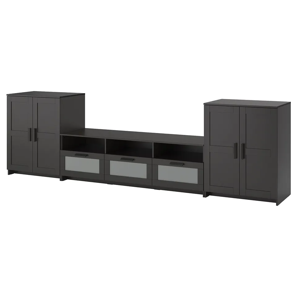 A BRIMNES black tv console with drawers and cabinets, modern and sleek.
