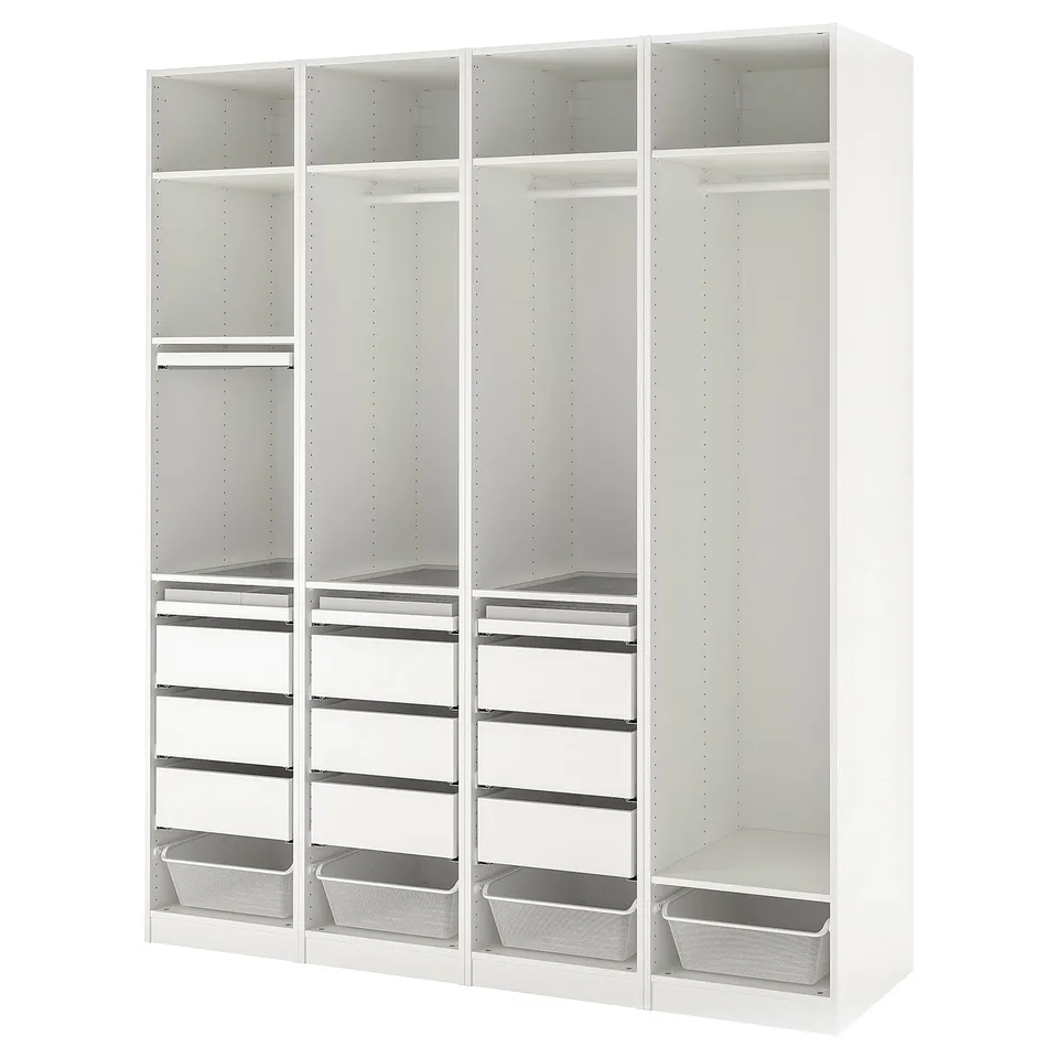 PAX: white wardrobe, adjustable, 2 sides, metal mesh baskets, drawers, shelves.