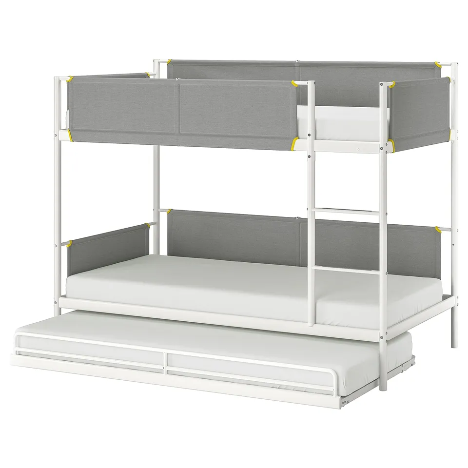 White VITVAL bunk bed with pull-out trundle, featuring three beds with grey fabric sides and yellow detailing.