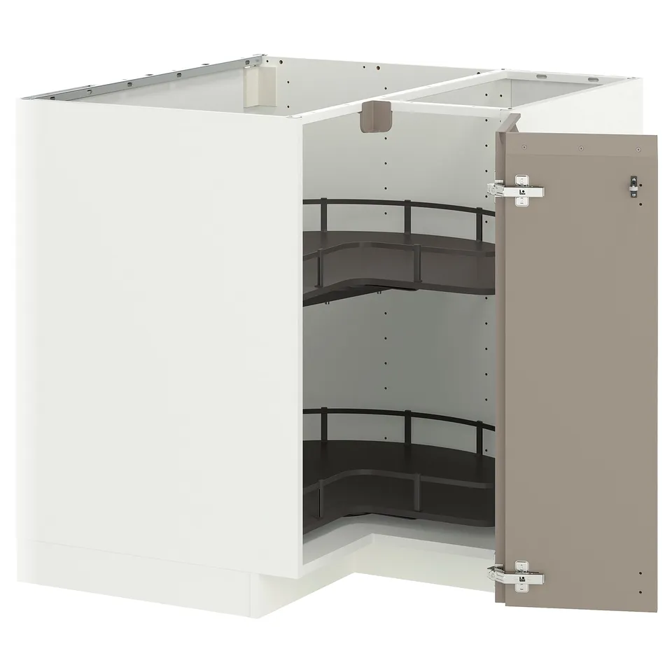 METOD Corner base cabinet with carousel, white/Upplöv matt dark beige, 88x88x80 cm