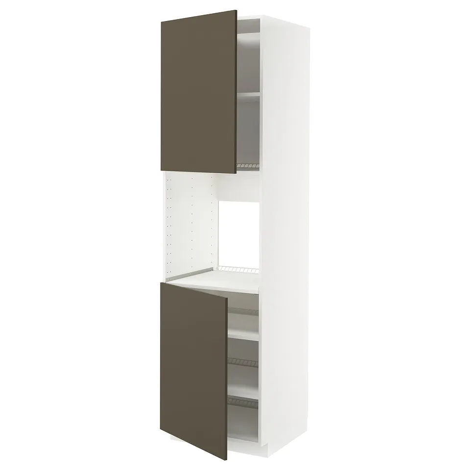 The IKEA METOD kitchen cabinet with dark brown havstorp doors, white interiors, and adjustable shelves.