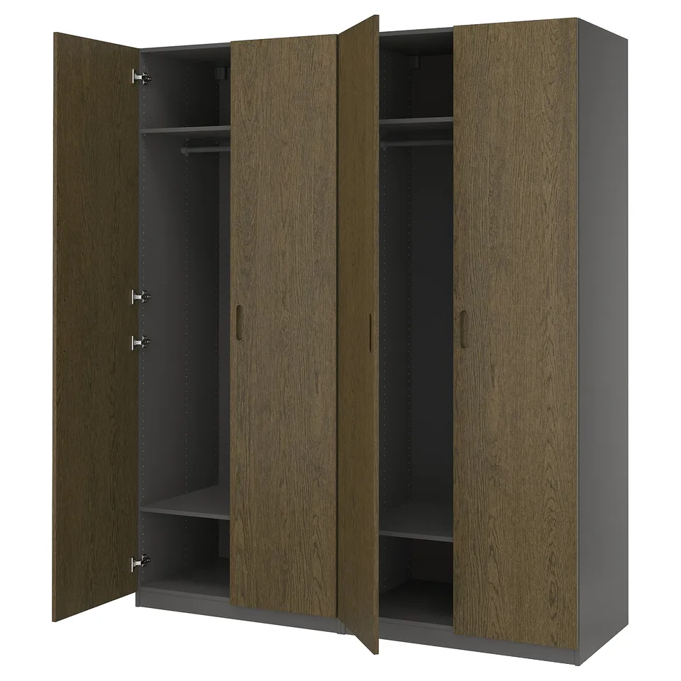 Displays a PAX wardrobe in a wood finish, featuring grey interiors with adjustable shelves and hanging rails, and soft-close doors.